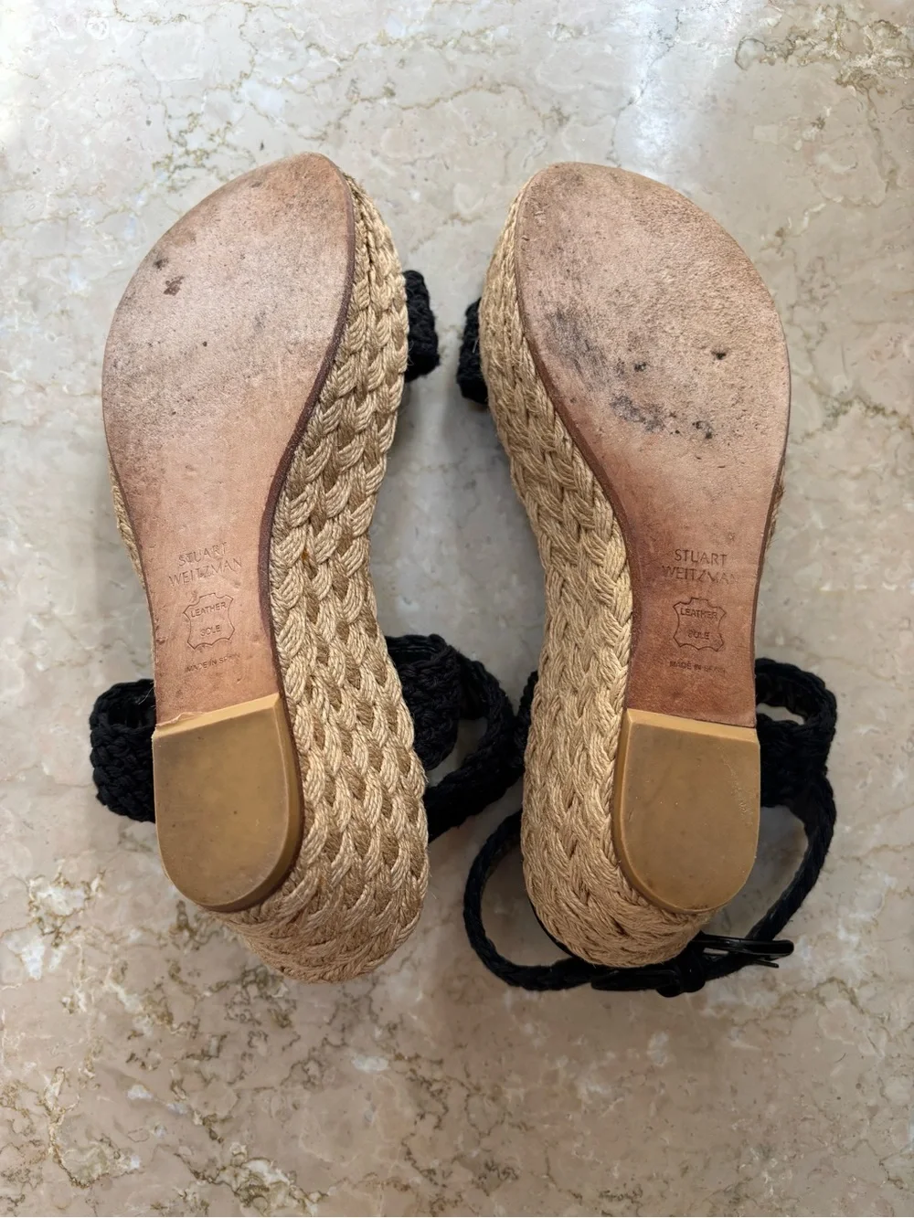 Stuart Weitzman Alexlo Crochet Black Wedge Ankle Wrap Espadrille Sandals, Size 8